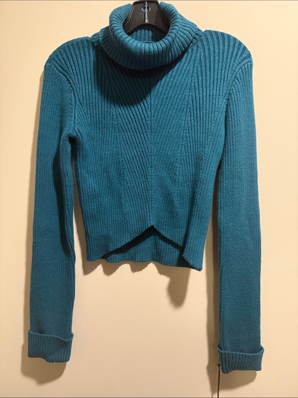 Sincerely Jules Teal Ribbed Cropped Cowl Neck Sweater
